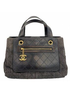 Chanel Handbag Quilted Lambskin Denim Black Gold